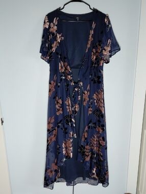 Lulus Navy Velvet Floral Long Line Cardigan Cover Up Robe
